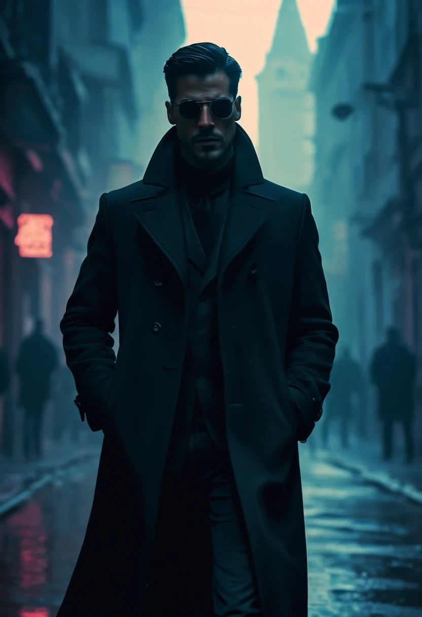 An agent walks down the street，Outlook. Wear an elegant black coat. his lips tightly closed，Eyes are nervous. holding a gun, The situation is dangerous and serious. colored. hazy atmosphere. An atmosphere full of mystery and intrigue. cyberpunk,