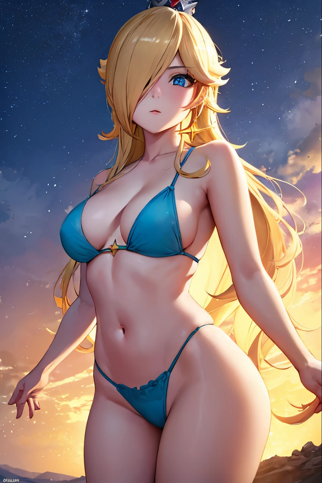 Rosalina, Rosalina, Blonde hair, blue eyes, hair over one eye, long hair, blue bikini BREAK, high waist panties, crown, dress, earrings, jewelry, princess, cape, star earrings, BREAK night, night sky, sky , star \(sky\), star \(symbol\), space, sun, BREAK looking at the viewer, (cowboy photo: 1.5), BREAK (art: 1.2), best quality, high resolution, 8k unity wallpaper , (art: 0.8), (beautiful detailed eyes: 1.6), extremely detailed face, perfect lighting, extremely detailed CG, (perfect hands, perfect anatomy),