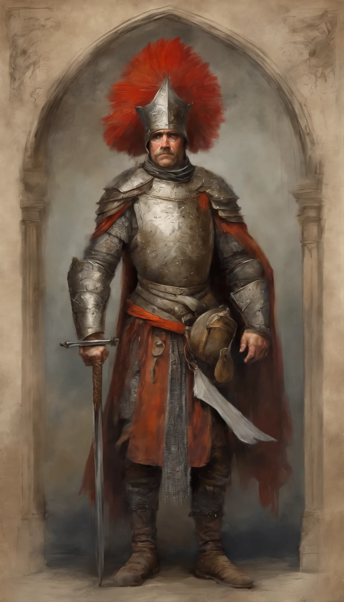 Chef de la garde dans une tenue pourpre avec une épée, visage monstrueux avec pustules, peintures de guerre, very detailed character, tatouages, style de séance photo, (fond d'Extremely detailed 8k CG display), body photo of the most beautiful work of art in the world, Medieval armor, Portrait du corps, Majestic painting at the'huile professionnelle par Ed Blinkey, Atey Ghaïlan, Studio Ghibli, par Jeremy Mann, Greg Manches, Antonio Moro