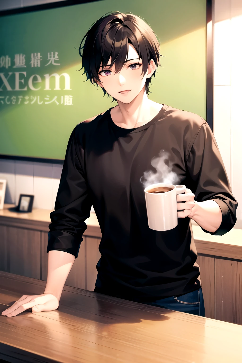 Taiwanese men , coffee shop backdrop
