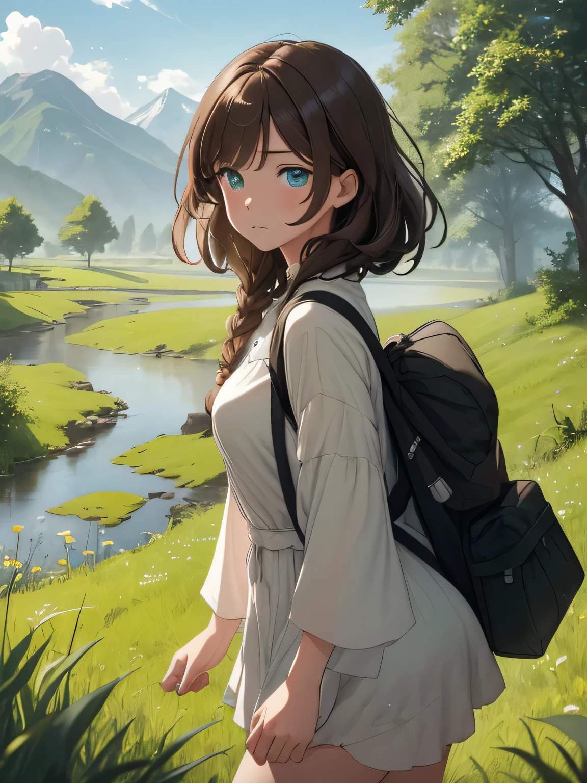 In a green meadow stands a girl with blue eyes and brown hair having a picnic.
RUPTURE Avec une expression courageuse, elle les guide vers leur destination.
POUR RUPTURE Derrière elle, a green forest&#39;extends, and beyond that, les montagnes s&#39;rise far away.
POUR RUPTURE L&#39;effet le plus approprié pour cette scène serait une technique de peinture à l&#39;aquarelle pour capturer la douceur de la prairie et la fluidité du mouvement..

