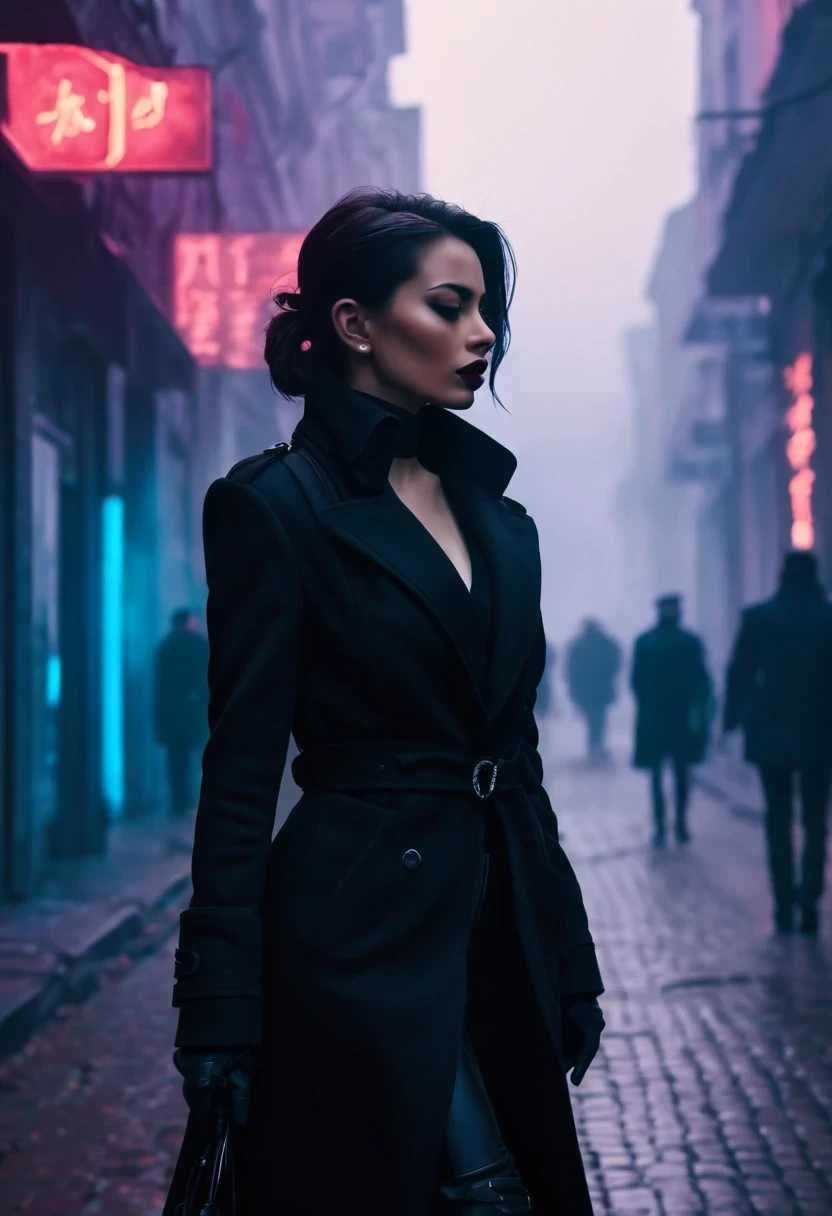 Female agent walking on the street,Outlook. Wear an elegant black coat. her lips tightly closed,Eyes are nervous. The situation is dangerous and serious. colored. hazy atmosphere. An atmosphere full of mystery and intrigue. cyberpunk,