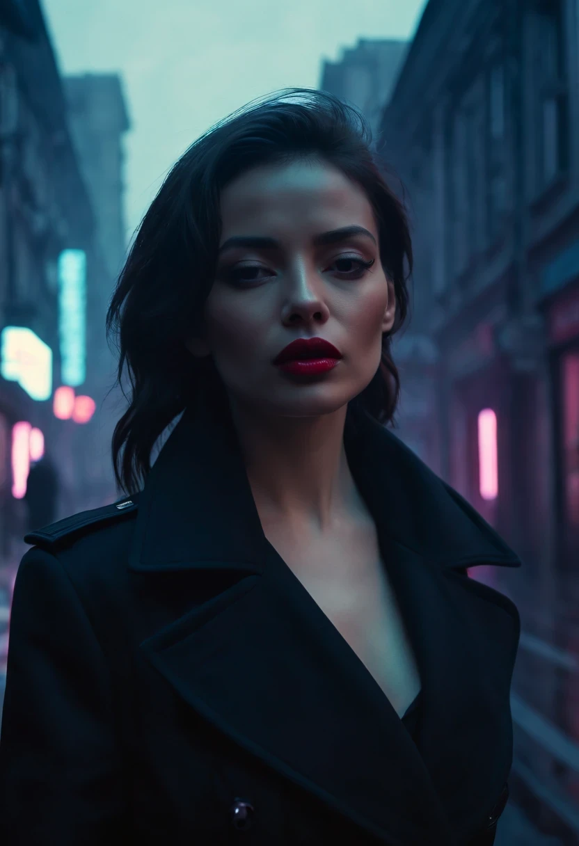 Female agent walking on the street,Outlook. Wear an elegant black coat. her lips tightly closed,Eyes are nervous. The situation is dangerous and serious. colored. hazy atmosphere. An atmosphere full of mystery and intrigue. cyberpunk,