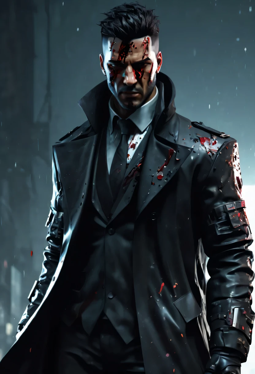 sh4g0d 风格cyberpunk特工,There is a sword on his back, wearing black suit, ，(Strong dynamic stance:1.5)，(struggle:1.3)，(blood spatter)，Strong，His face is very determined，rainy night，rainstorm，hazy atmosphere. An atmosphere full of mystery and intrigue. cyberpunk, 8k, super detailed, precise, best quality
