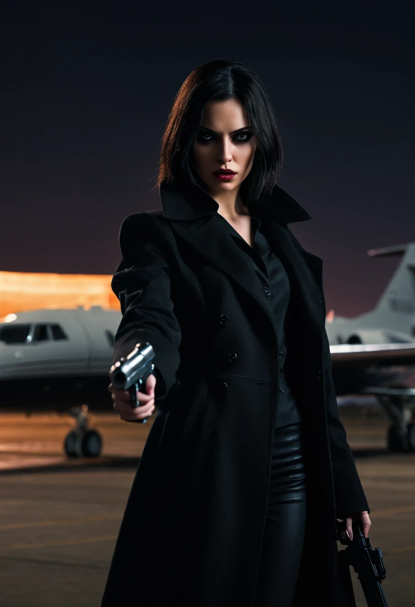 (Extremely detailed 8k wallpaper), dark theme, vampre the masquerade, proxy topic, modern horror, actual, 2020s,beautiful female agent, Wear an elegant black coat, holding a gun, sharp focus, (subsurface scattering:1.1), Winning photo, Full body image:1.1, black hair, black eyes:1.2, Serious, Scary expression, In the airport shed at night, Close to private jets, dramatic lighting
