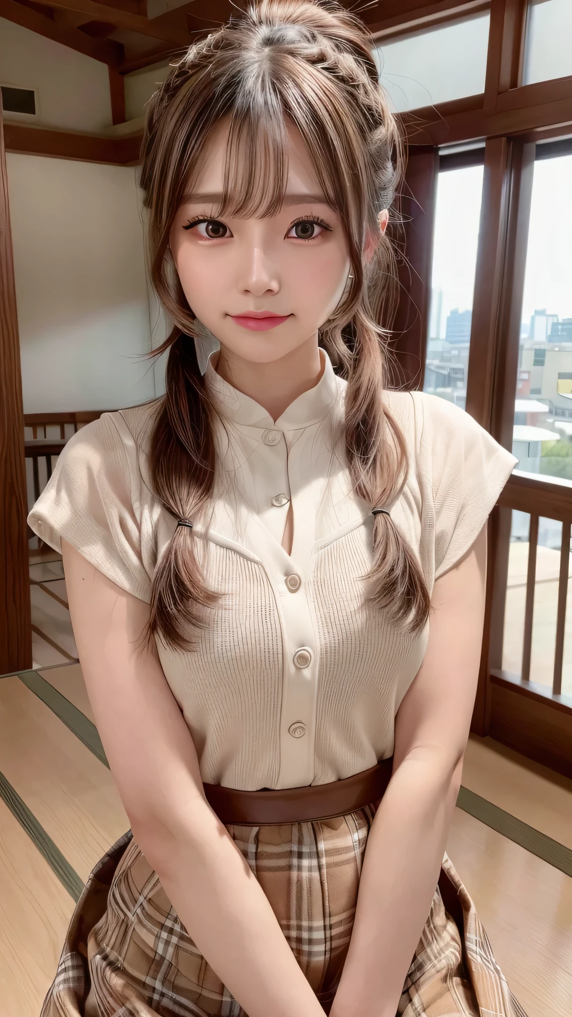 blush,14 years old,small breasts,winter,european cityscape,long hair ponytail,winter clothes,plaid shirt,long skirt,close up of face,((8K, Raw photo, best quality, muste piece:1.2), (Reality, photorealistic:1.4), (Highly detailed 8K wallpaper), Depth of the bounds written, cinematic lighting, soft light, detailed beauty eye,Shiny and smooth light brown ponytail, asymmetrical bangs, shiny skin, super detailed skin ,high resolution, high detail, detailed hairstyle, detailed beauty face, hyper real, perfect limbs, perfect anatomy ,1 Japanese girl,famous japanese idol, perfect female body,shy smile,short eyelashes,double-edged eyelids,look straight here,Hair style is ponytail,