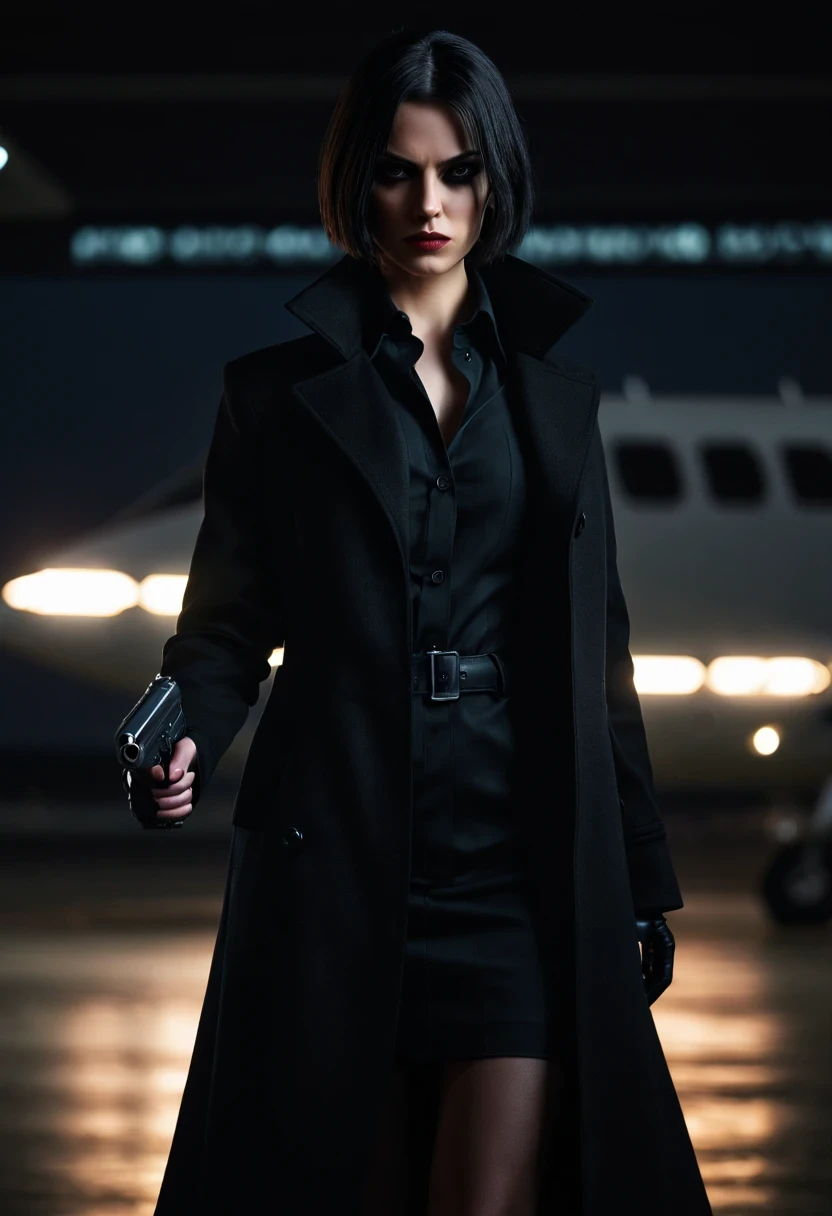 (Extremely detailed 8k wallpaper), dark theme, vampre the masquerade, proxy topic, modern horror, actual, 2020s,beautiful female agent, Wear an elegant black coat, holding a gun,  sharp focus, (subsurface scattering:1.1), Winning photo, Full body image:1.1, very short black hair, black eyes:1.2, Serious, Scary expression, In the airport shed at night,  Close to private jets, dramatic lighting