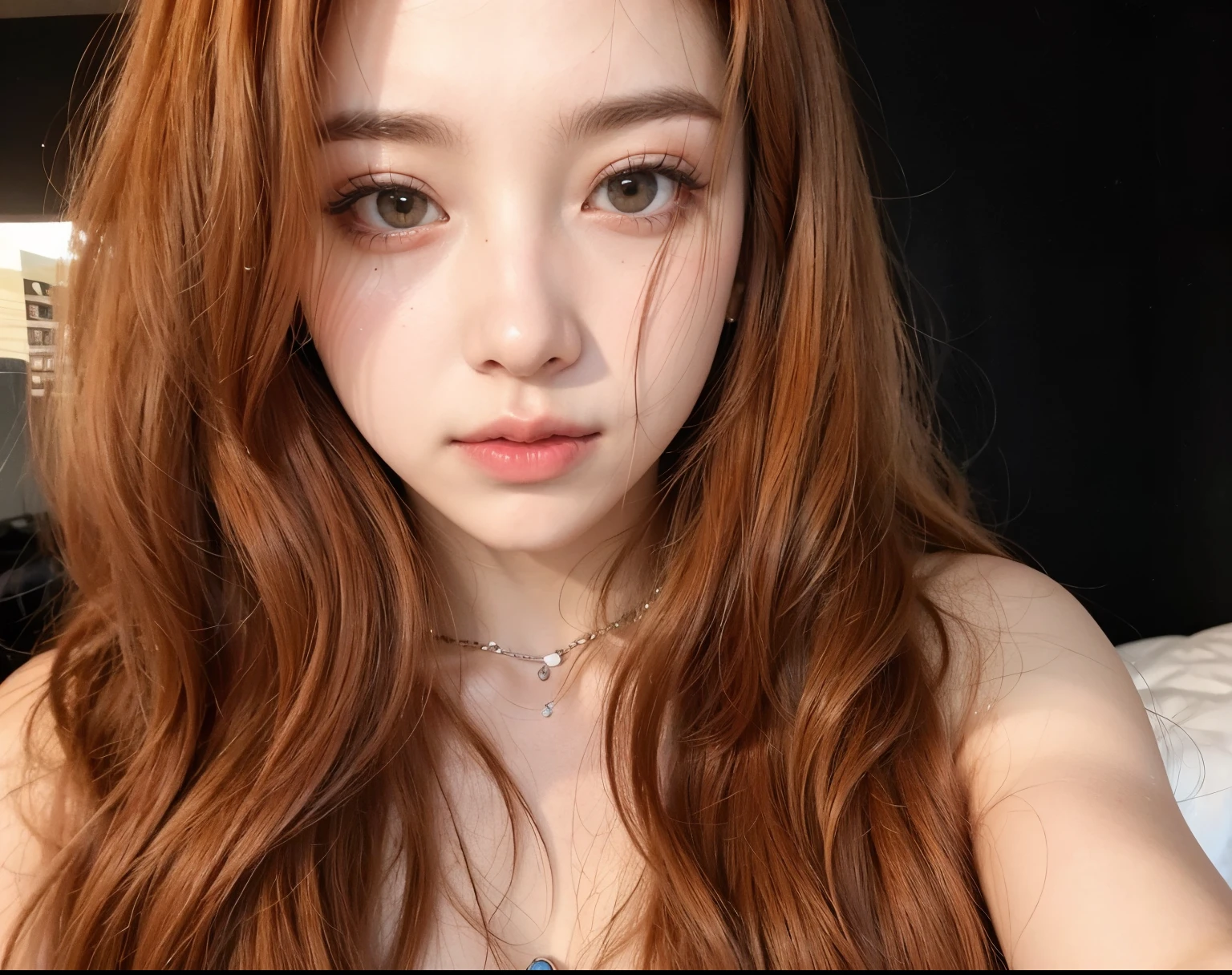 there is a woman with long red hair and a necklace, she has long redorange hair, cruel korean goth girl, orange skin and long fiery hair, ulzzang, pale fair skin!!, portrait of jossi of blackpink, she has long orange brown hair, pale glowing skin, with long hair and piercing eyes, heonhwa choe, korean girl, yunjin lesserafim