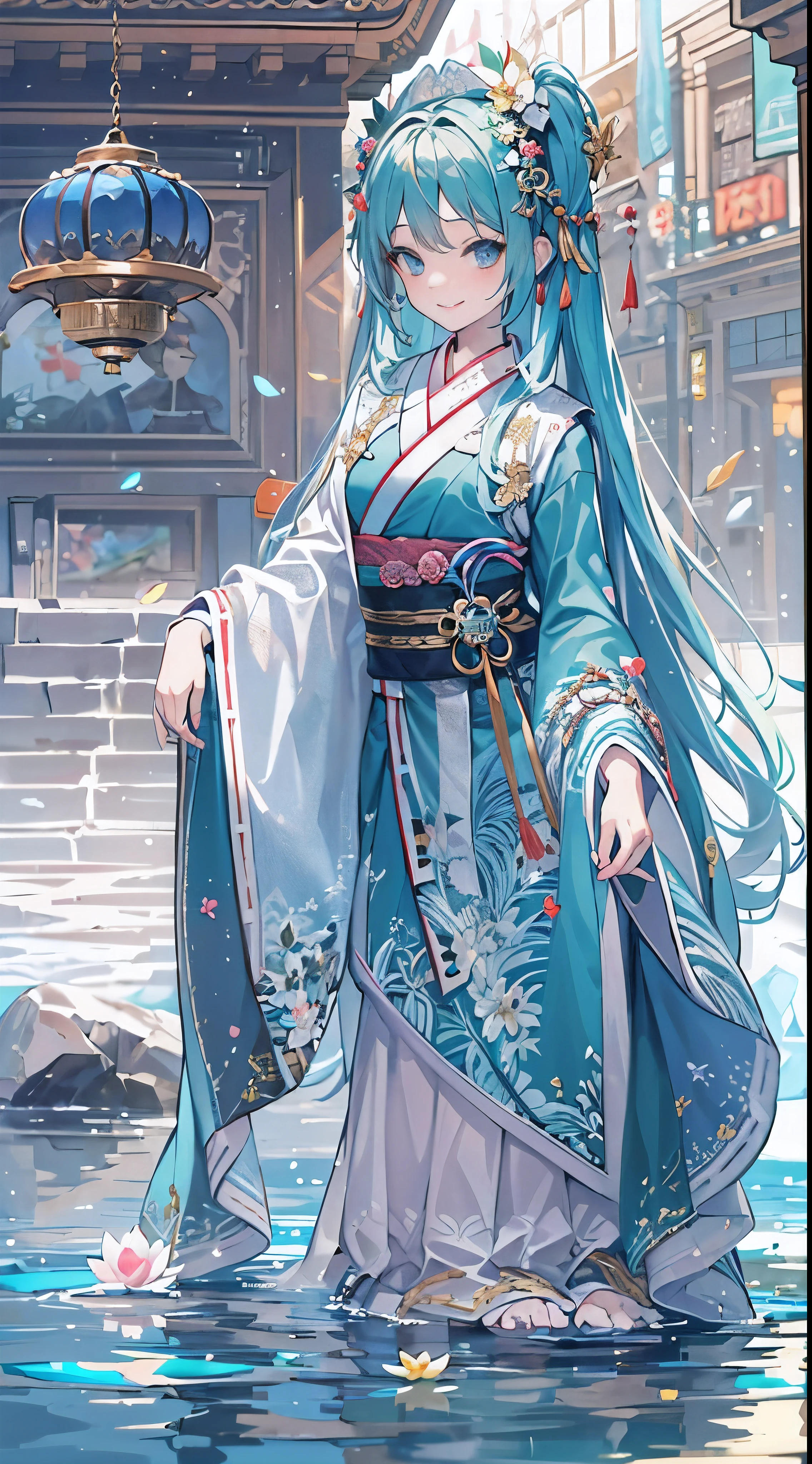 ((4k,masterpiece,best quality)), Ink bismuth, traditional Chinese, lotus, Hanfu, Maxis Suite, Dress conservatively 1girl, alone, Long blue hair, Smile, Permanent installation, feet in water, barefoot,