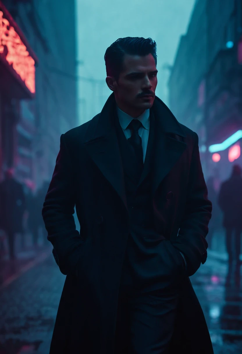 An agent walks down the street,Outlook. Wear an elegant black coat. his lips tightly closed,Eyes are nervous. The situation is dangerous and serious. colored. hazy atmosphere. An atmosphere full of mystery and intrigue. cyberpunk,