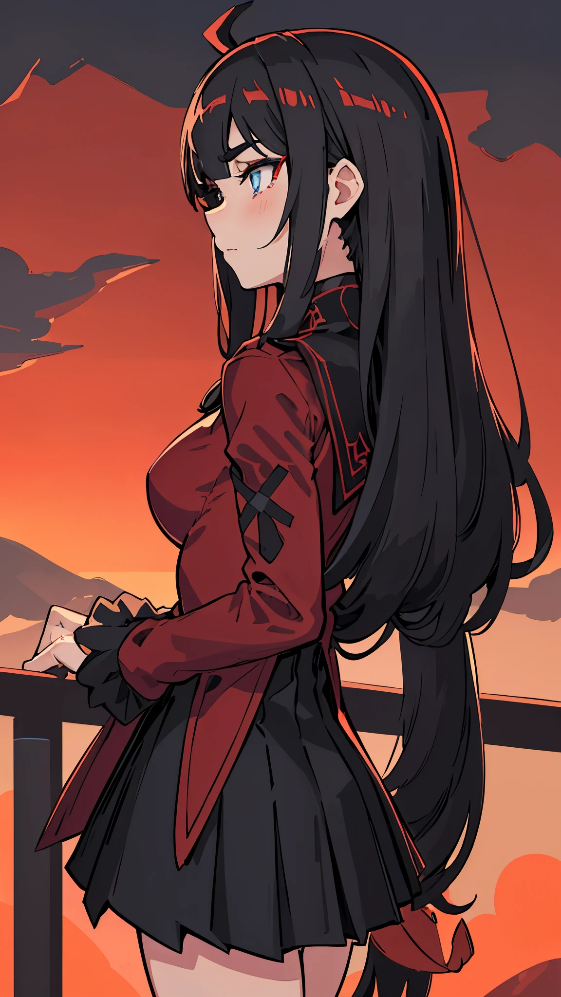 girl pictures, Volumetric lighting, Best shadows, shallow view deep, Ganyu portrait \(Genshin Impact\), Delicate, beautiful and charming face and charming sharp blue eyes, pointed eyebrows, Enjoy the scenery, Keep your mouth shut, cute medium breasts, Layered long black hair with sides facing up, wind blown hair, Headband, Blush Eyeshadow, thick eyelashes, Cross on red turtleneck shirt, long sleeves, slim waist, Black short pleated skirt, Thigh clearance, black stockings, red sky at night, cloud, School rooftop, Under the red moon, roof guardrail, rural landscape, Back to, Side view leaning on railing, scapular, (best quality, stunning details:1.25), (alone:1.3), colorful paintings