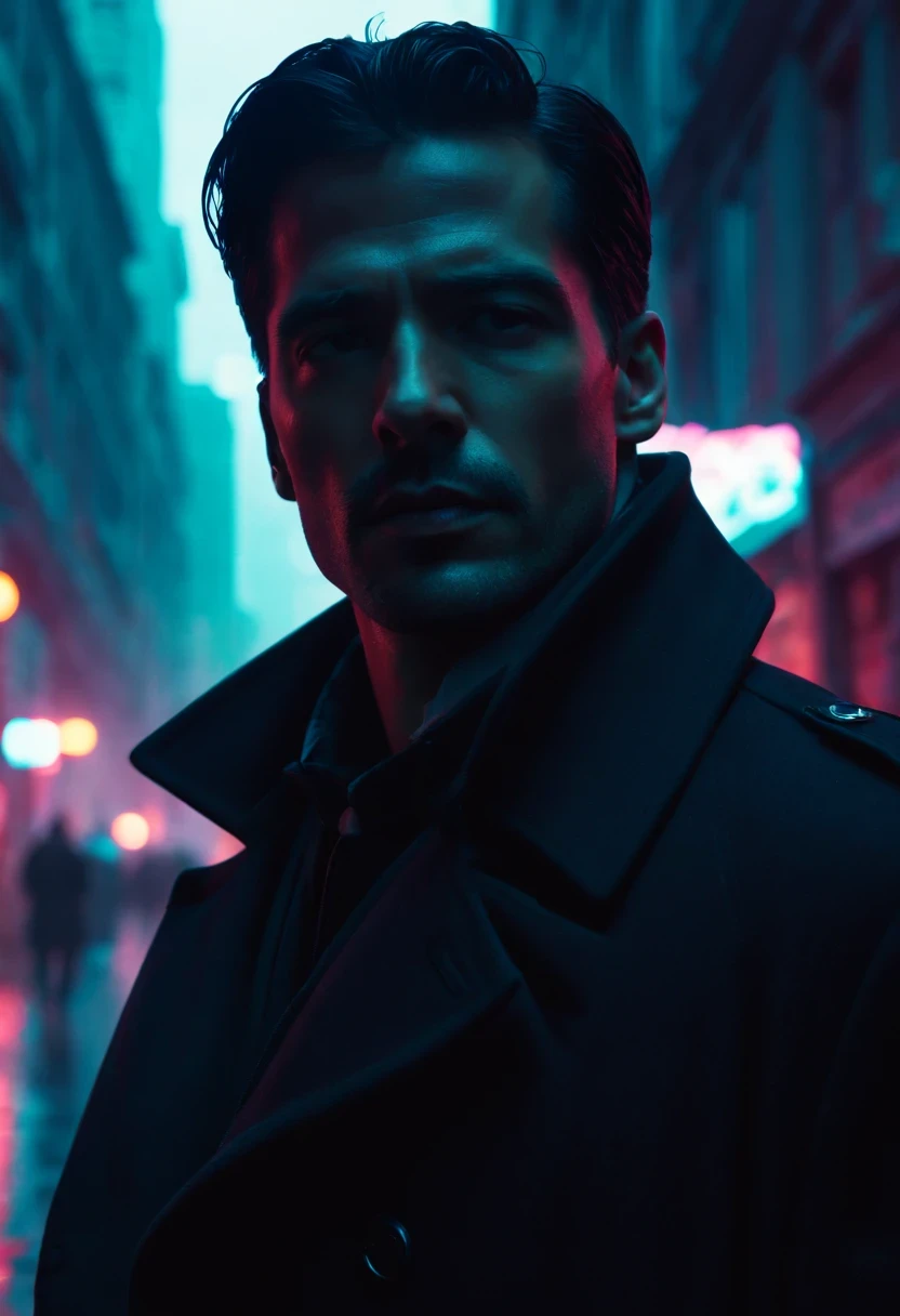 An agent walks down the street，Outlook. Wear an elegant black coat. his lips tightly closed，Eyes are nervous. The situation is dangerous and serious. colored. hazy atmosphere. An atmosphere full of mystery and intrigue. cyberpunk,