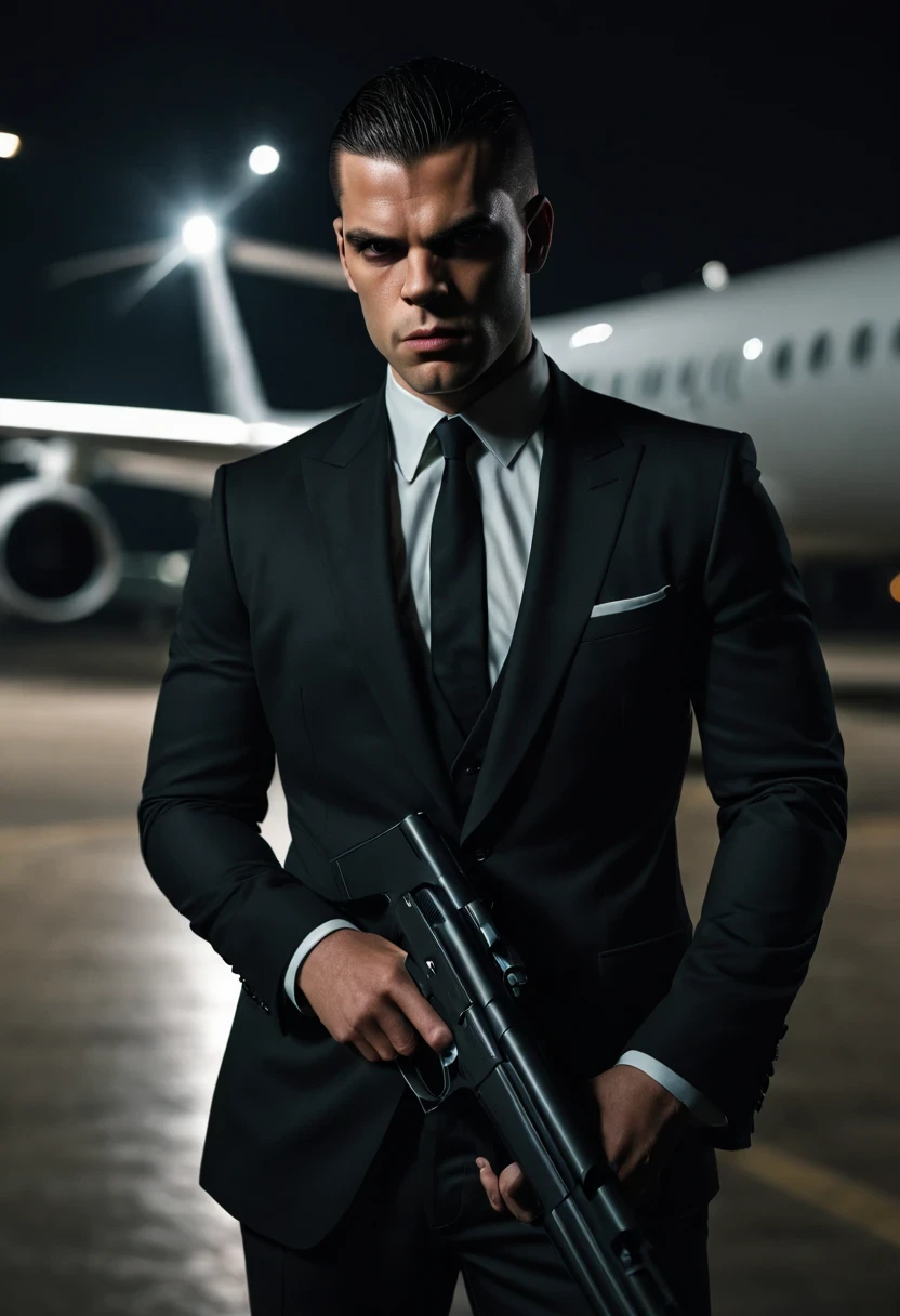 (Extremely detailed 8k wallpaper), dark theme, vampre the masquerade, proxy topic, modern horror, actual, 2020s, handsome man, wearing black suit, holding a gun, sharp focus, (subsurface scattering:1.1), Winning photo, Centered face, (Mark Salling's face), Full body image:1.1, very short black hair, black eyes:1.2, Serious, Scary expression, In the airport shed at night, Close to private jets, dramatic lighting