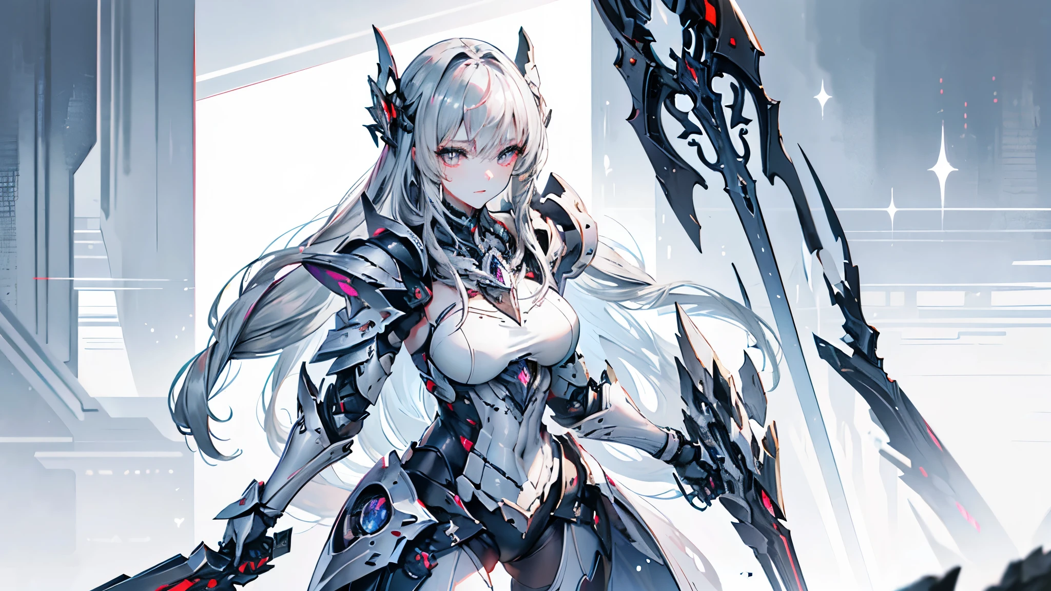 Cute adult girl standing ,girl focus, [Full body armor], ((Plain gray background)),  pokerface, upright immovable, (1girl in:1.3), Bangs,a necklace ,facing front,  （Snow White armor), Super Detail, Crystal Silver Eyes,slender, masterful technique, Long hair, animetic, Solo, Silk White hair, High quality, MastetPiece,ultra-detailliert,[wide-hips] , Beautiful Girl, [Detail Face], detail hands, ultra detail eyes,nothing face emotion, Beautiful eyes