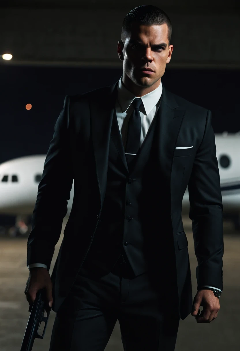 (Extremely detailed 8k wallpaper), dark theme, vampre the masquerade, proxy topic, modern horror, actual, 2020s, handsome man, wearing black suit, holding a gun, sharp focus, (subsurface scattering:1.1), Winning photo, Centered face, (Mark Salling's face), Full body image:1.1, very short black hair, black eyes:1.2, Serious, Scary expression, In the airport shed at night, Close to private jets, dramatic lighting