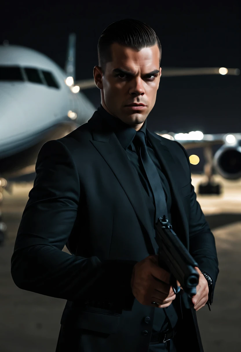 (Extremely detailed 8k wallpaper), dark theme, vampre the masquerade, proxy topic, modern horror, actual, 2020s, handsome man, wearing black suit, holding a gun, sharp focus, (subsurface scattering:1.1), Winning photo, Centered face, (Mark Salling's face), Full body image:1.1, very short black hair, black eyes:1.2, Serious, Scary expression, In the airport shed at night, Close to private jets, dramatic lighting