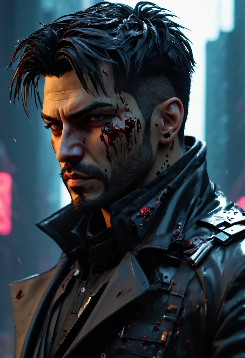 sh4g0d风格赛博朋克特工,Wear an elegant black coat,(Strong dynamic stance:1.5),(struggle:1.3),(blood spatter),Strong,His face is very determined, 8k, super detailed, precise, best quality