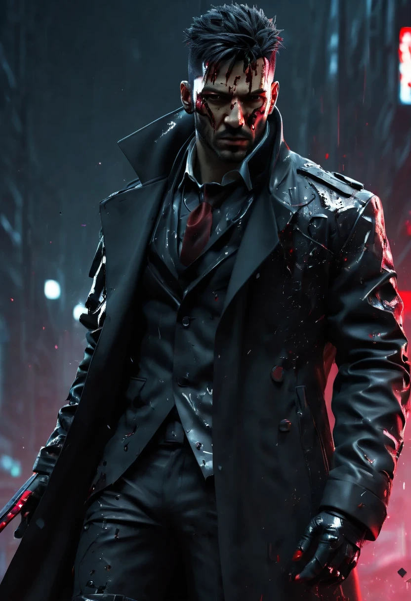 sh4g0d 风格cyberpunk特工,There is a sword on his back, wearing black suit, ，(Strong dynamic stance:1.5)，(struggle:1.3)，(blood spatter)，Strong，His face is very determined，rainy night，rainstorm，hazy atmosphere. An atmosphere full of mystery and intrigue. cyberpunk, 8k, super detailed, precise, best quality