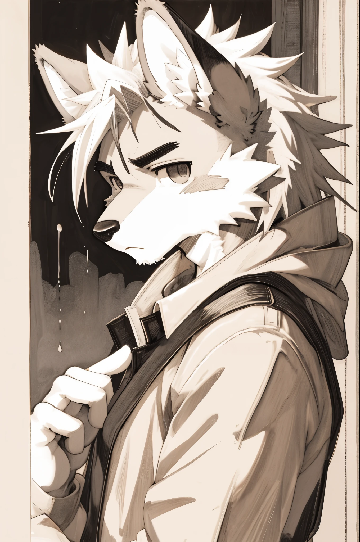 top quality, best quality, highres, unparalleled masterpiece, perfect artwork, paid reward available, indoor, couple of comics(super cute 1girl, 1wolf, kemono, furry anthro)tumblr, sosaku hanga, black and white manga page, manga page, doujin, ddlc, anime, comedy comic, black and white manga panel, zerochan,