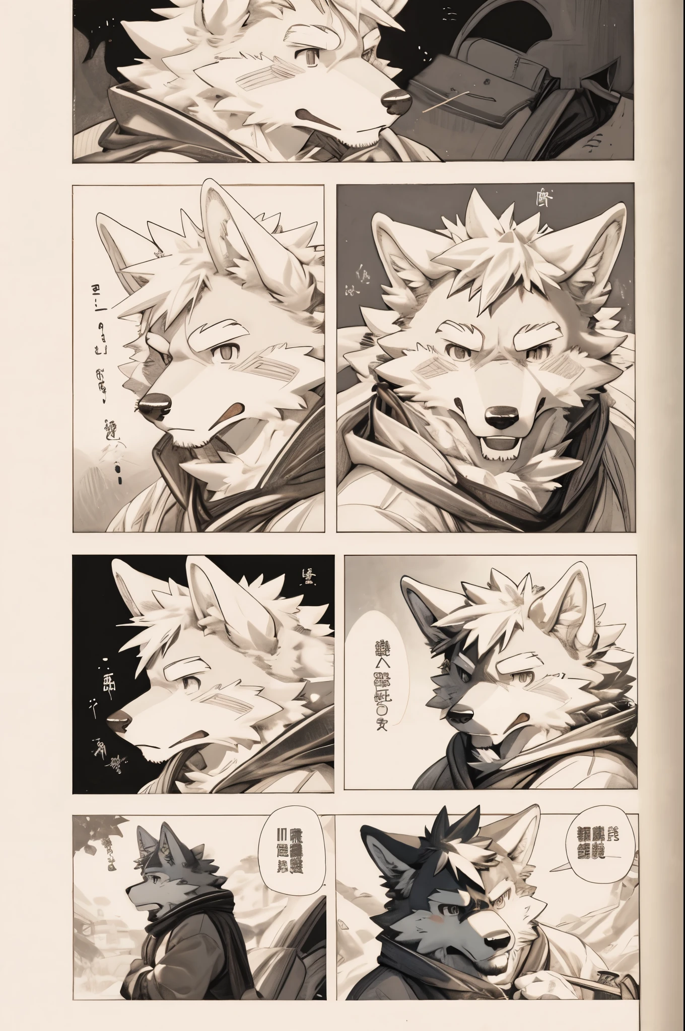 top quality, best quality, highres, unparalleled masterpiece, perfect artwork, paid reward available, indoor, couple of comics(super cute 1girl, 1wolf, kemono, furry anthro)tumblr, sosaku hanga, black and white manga page, manga page, doujin, ddlc, anime, comedy comic, black and white manga panel, zerochan,