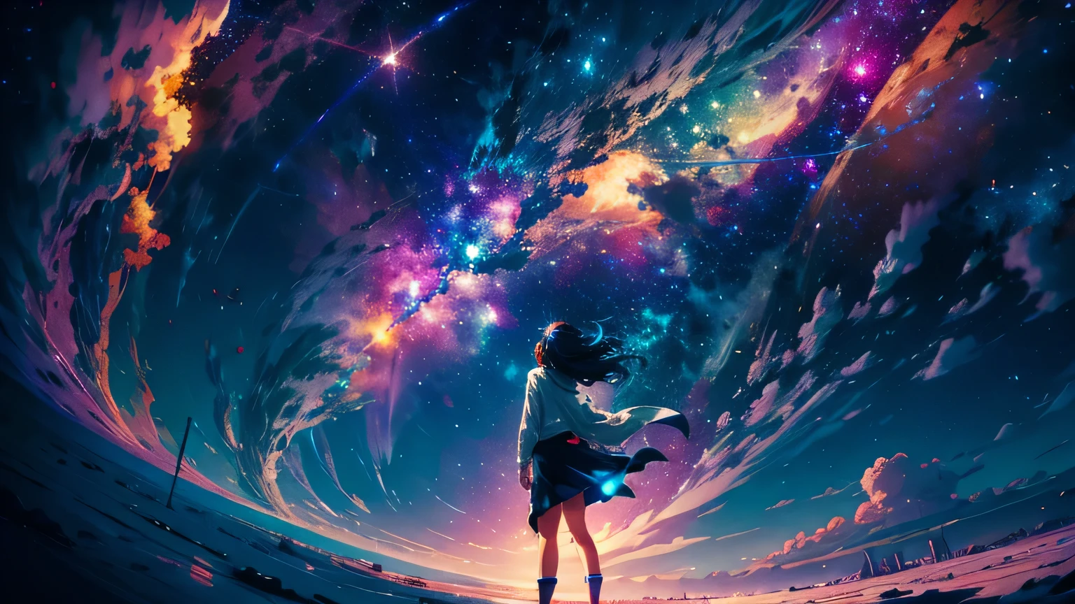 anime wallpapers of a girl floating in spaces (woman, blue eyes,dark blue hair , Perfect female figure) looking at a view of the space and stars, cosmic spaces. by makoto shinkai, anime art wallpaper 4 k, anime art wallpaper 4k, anime art wallpaper 8 k, anime space, amazing wallpaper, anime wallpaper 4 k, anime wallpaper 4k, 4k anime wallpaper, makoto shinkai cyril rolando, anime space background art, wide angle shot
