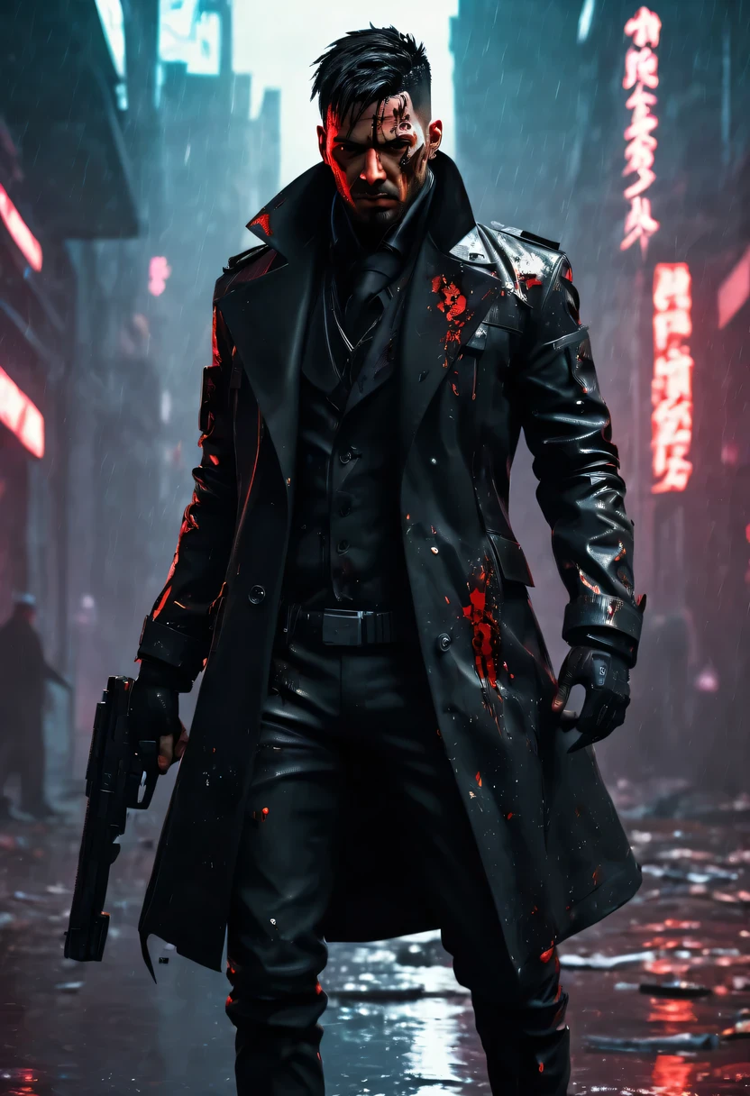 sh4g0d风格赛博朋克特工,Wear an elegant black coat,(Strong dynamic stance:1.5),(struggle:1.3),(blood spatter),Strong,His face is very determined, 8k, super detailed, precise, best quality