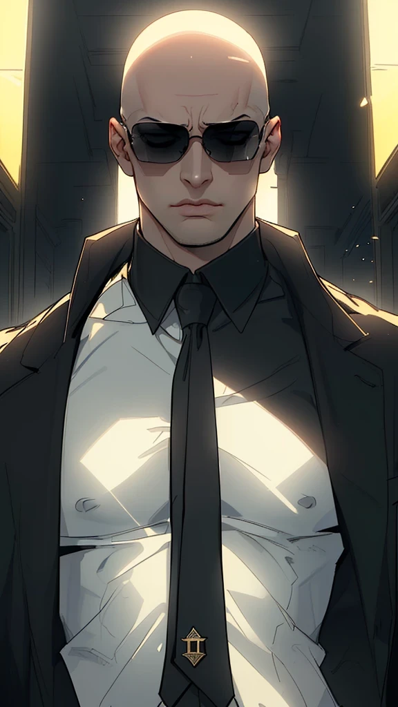 agent,bald, big and sexy，Wear an elegant black suit，Wearing black sunglasses，his lips tightly closed，Eyes are nervous. The situation is dangerous and serious. colored. hazy atmosphere. day lighting. An atmosphere full of mystery and intrigue. The soft sunshine brings people hope for a better future.