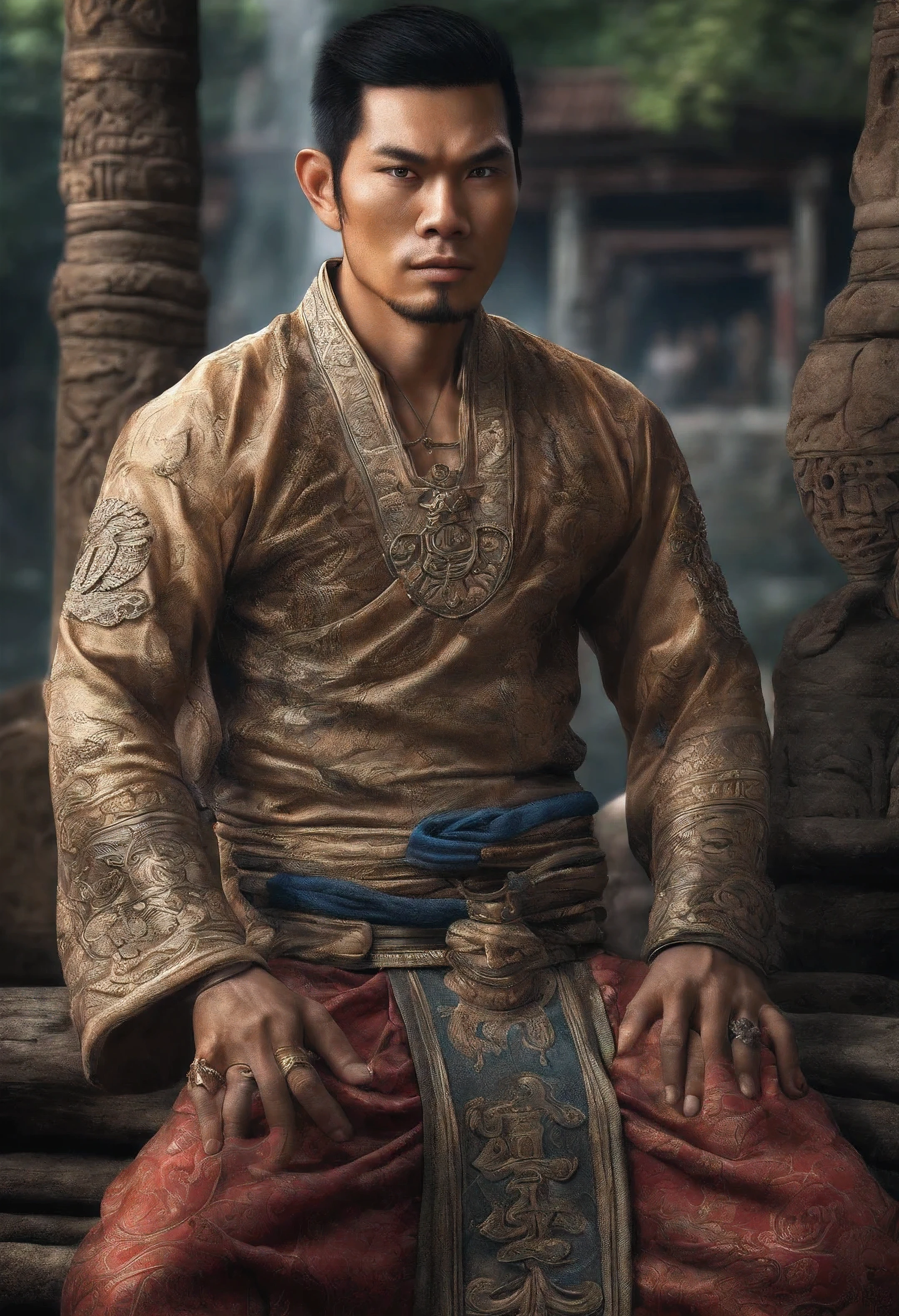 The picture is clear and sharp.. It&#39;s a man, Asian man, Wear Thai island clothing during the Ayutthaya period.. There is awe and magic.. Has ancient Khmer script tattoos.. 