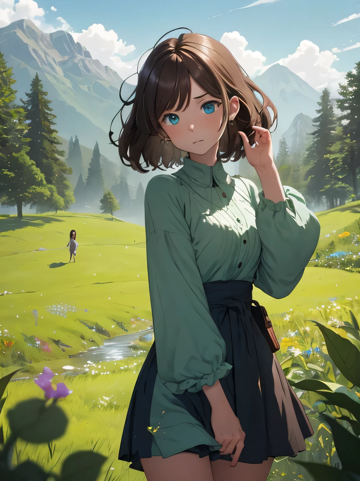 In a green meadow stands a girl with blue eyes and brown hair having a picnic.
RUPTURE Avec une expression courageuse, elle les guide vers leur destination.
POUR RUPTURE Derrière elle, a green forest'extends, and beyond that, les montagnes s'rise far away.
POUR RUPTURE L'effet le plus approprié pour cette scène serait une technique de peinture à l'aquarelle pour capturer la douceur de la prairie et la fluidité du mouvement..
