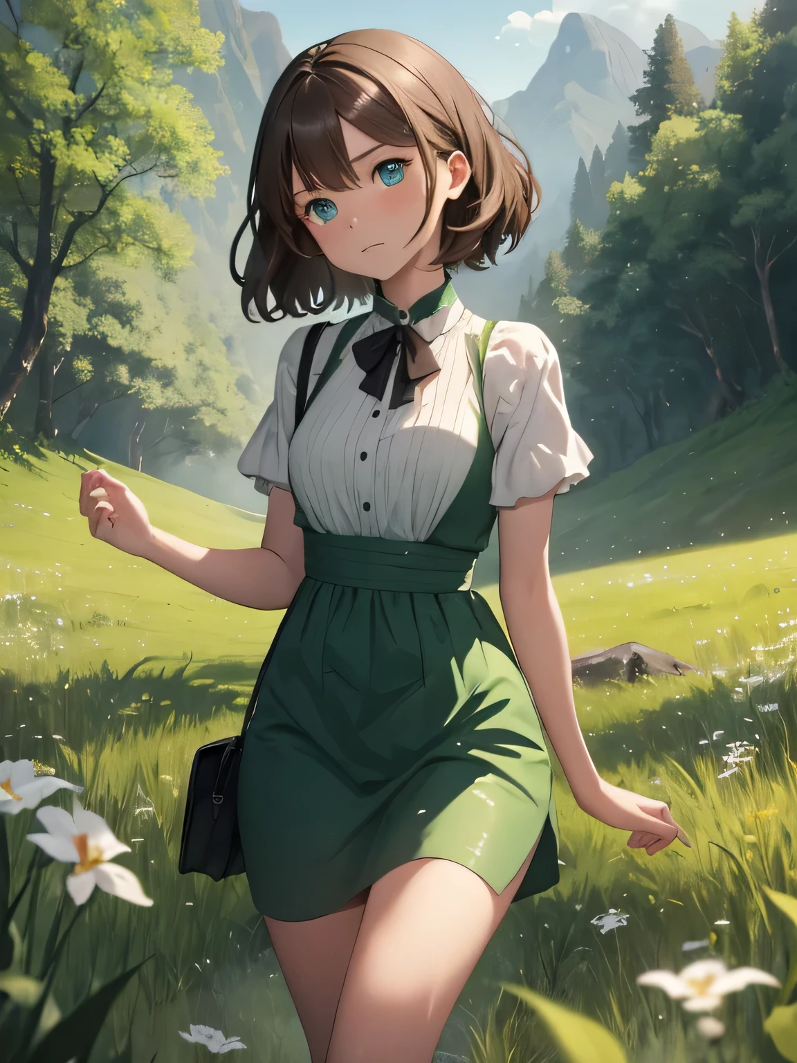In a green meadow stands a girl with blue eyes and brown hair having a picnic.
RUPTURE Avec une expression courageuse, elle les guide vers leur destination.
POUR RUPTURE Derrière elle, a green forest'extends, and beyond that, les montagnes s'rise far away.
POUR RUPTURE L'effet le plus approprié pour cette scène serait une technique de peinture à l'aquarelle pour capturer la douceur de la prairie et la fluidité du mouvement..