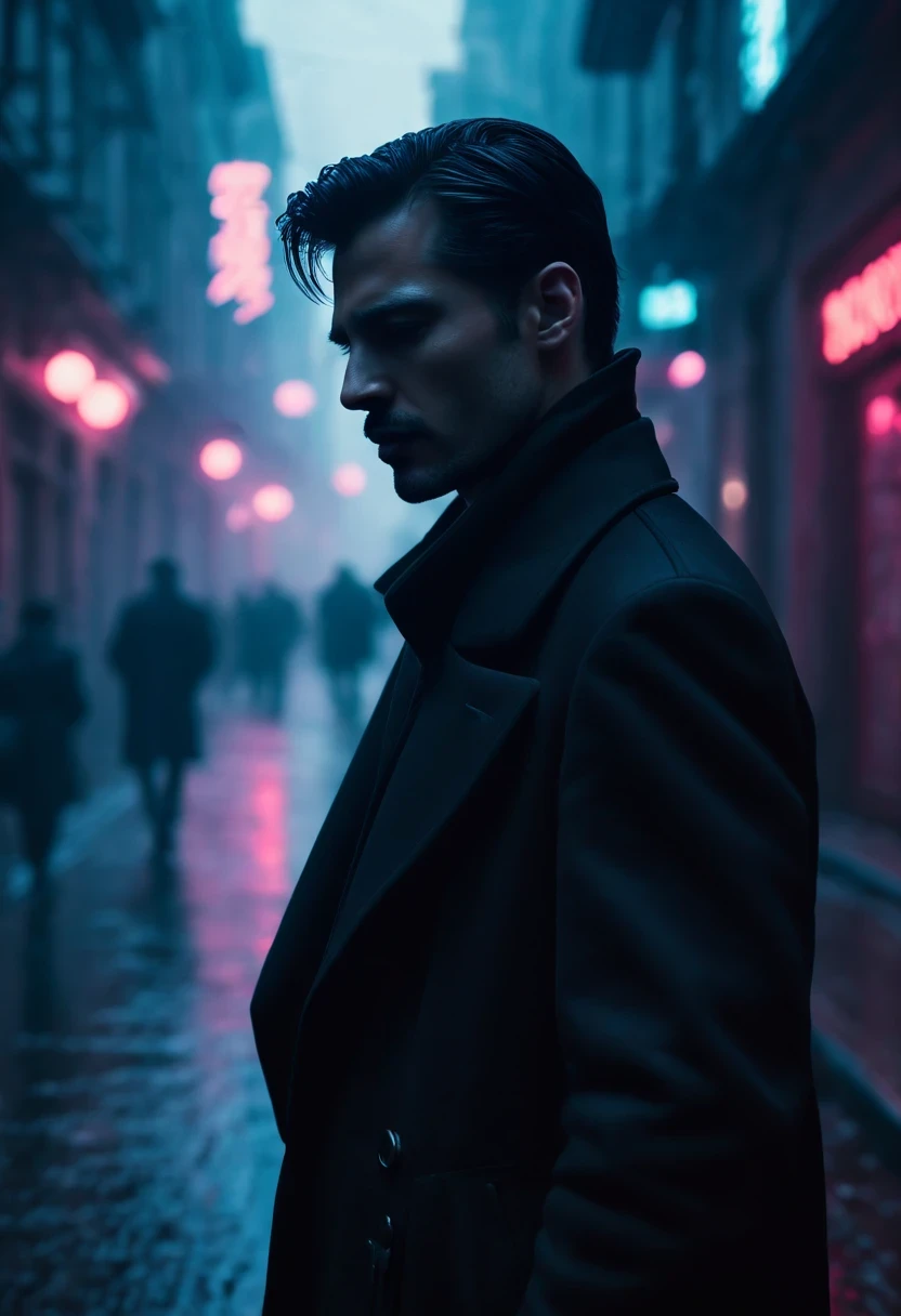 An agent walks down the street，Outlook. Wear an elegant black coat. his lips tightly closed，Eyes are nervous. The situation is dangerous and serious. colored. hazy atmosphere. An atmosphere full of mystery and intrigue. cyberpunk,