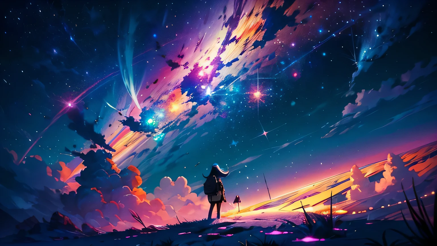 anime wallpapers of a girl floating in spaces (woman, blue eyes,dark blue hair , Perfect female figure) looking at a view of the space and stars, cosmic spaces. by makoto shinkai, anime art wallpaper 4 k, anime art wallpaper 4k, anime art wallpaper 8 k, anime space, amazing wallpaper, anime wallpaper 4 k, anime wallpaper 4k, 4k anime wallpaper, makoto shinkai cyril rolando, anime background art, wide angle shot