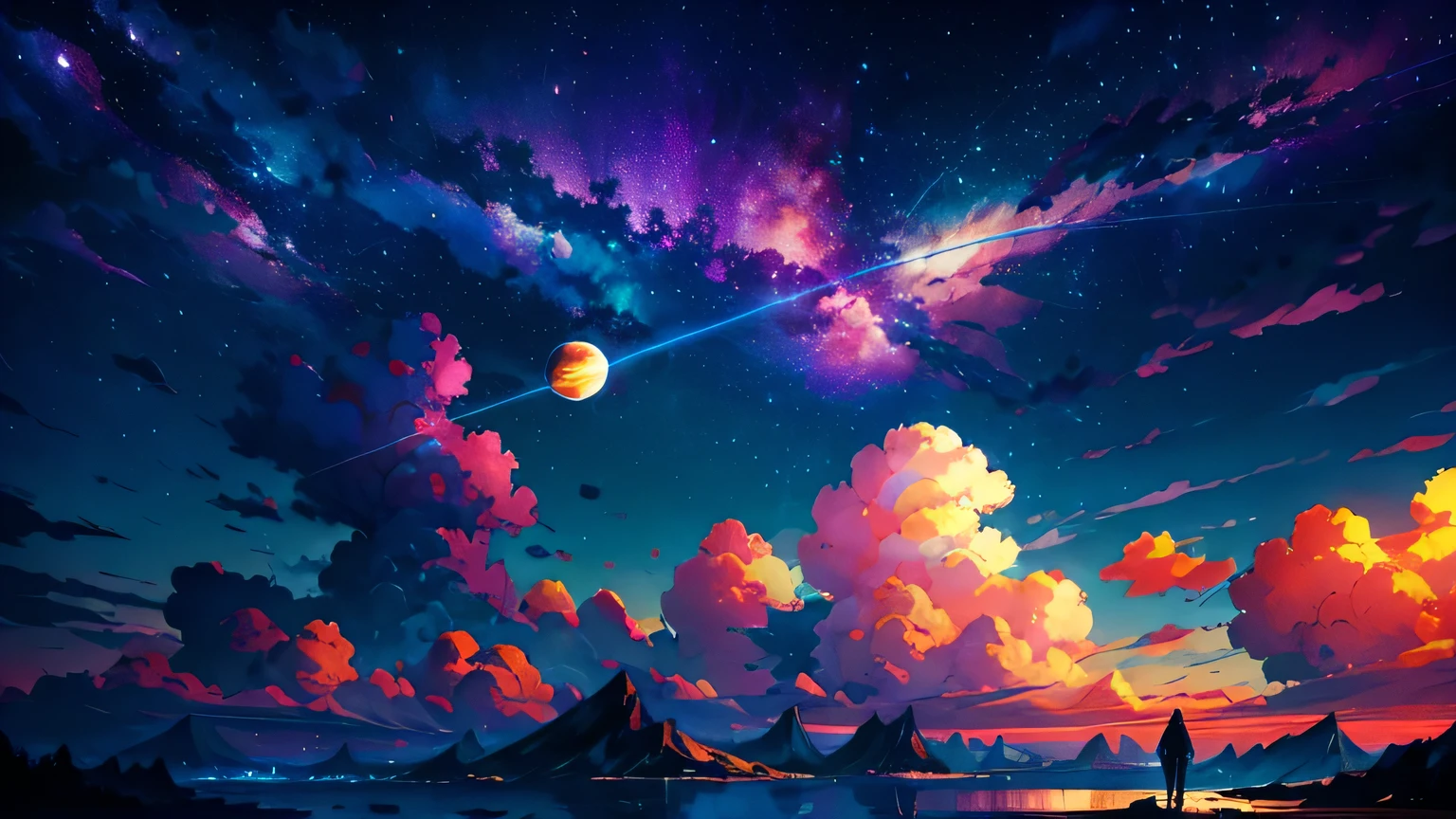 anime wallpapers of a girl floating in spaces (woman, blue eyes,dark blue hair , Perfect female figure) looking at a view of the space and stars, cosmic spaces. by makoto shinkai, anime art wallpaper 4 k, anime art wallpaper 4k, anime art wallpaper 8 k, anime space, amazing wallpaper, anime wallpaper 4 k, anime wallpaper 4k, 4k anime wallpaper, makoto shinkai cyril rolando, anime background art, wide angle shot