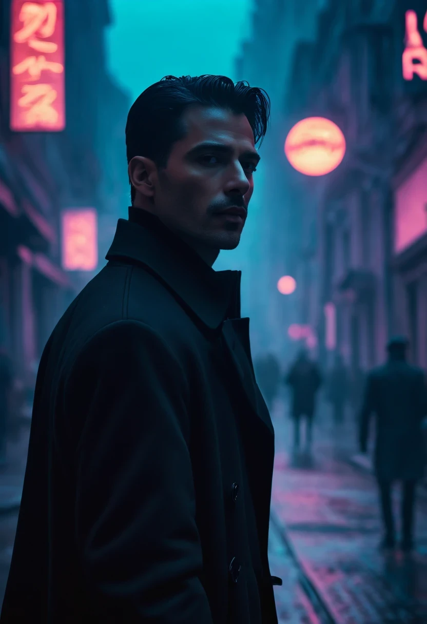 An agent walks down the street，Outlook. Wear an elegant black coat. his lips tightly closed，Eyes are nervous. The situation is dangerous and serious. colored. hazy atmosphere. An atmosphere full of mystery and intrigue. cyberpunk,
