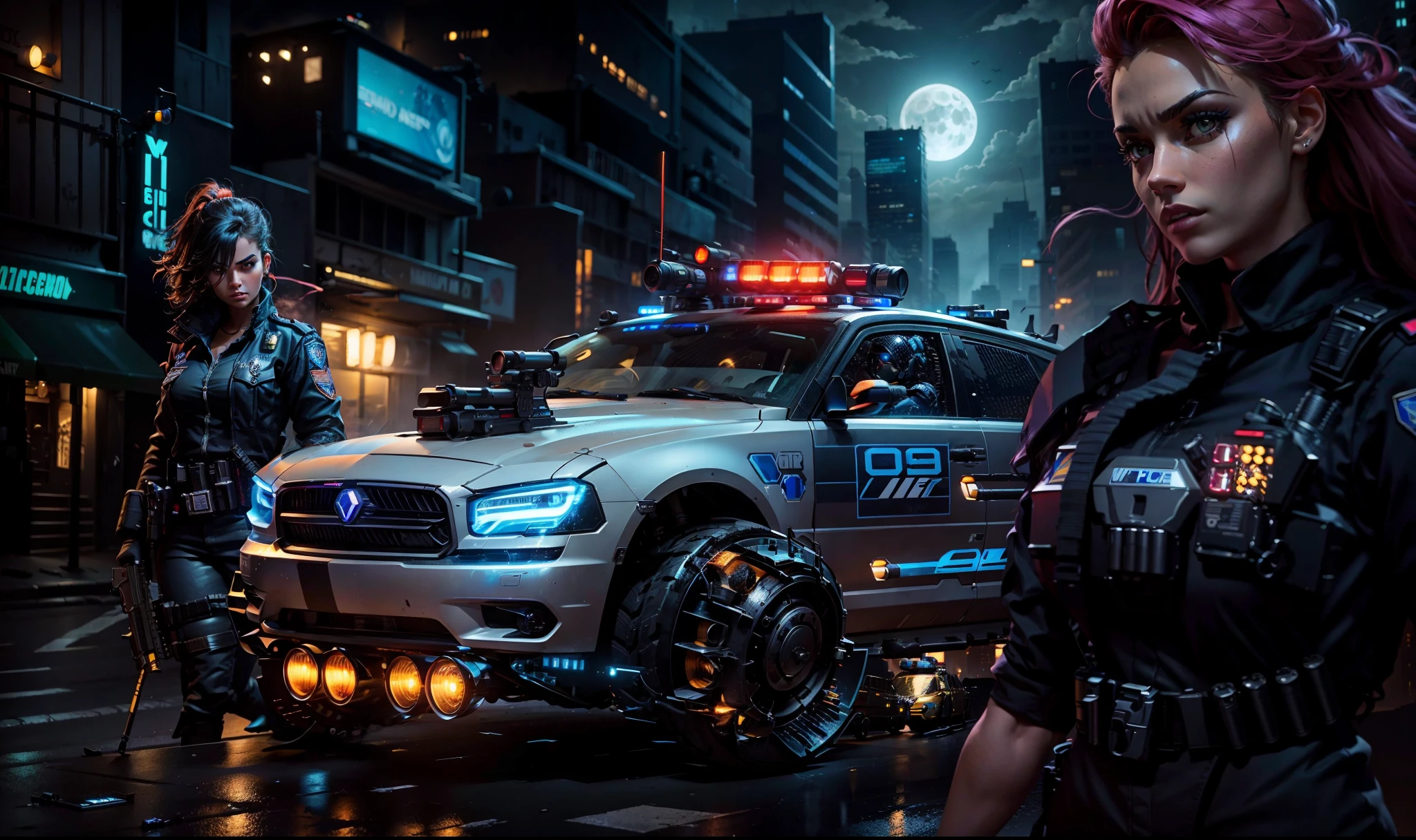 A Hover Police DODGE armed with missiles and machine guns in an dark alley in a night in New York cyberpunk city, an armed beautiful woman with a rifle in the left and a beautiful police woman with police uniform and looking to us, in the citysky there's clouds and a moon behind them with a tense climax