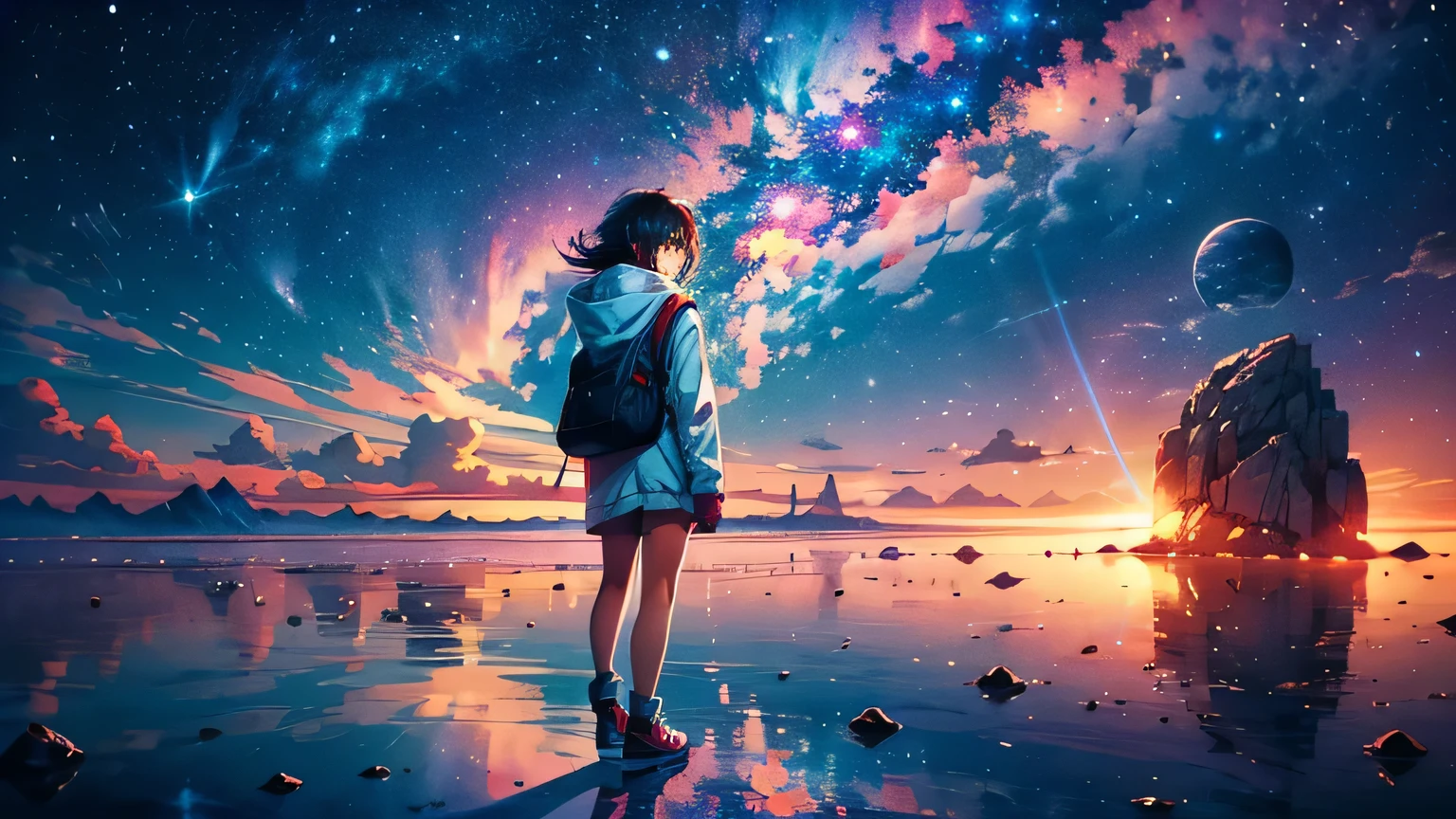 anime wallpapers of a girl floating in spaces (woman, heterochromia eyes,dark blue hair , Perfect female figure) looking at a view of the space and stars, cosmic spaces. by makoto shinkai, anime art wallpaper 4 k, anime art wallpaper 4k, anime art wallpaper 8 k, anime space, amazing wallpaper, anime wallpaper 4 k, anime wallpaper 4k, 4k anime wallpaper, makoto shinkai cyril rolando, anime background art