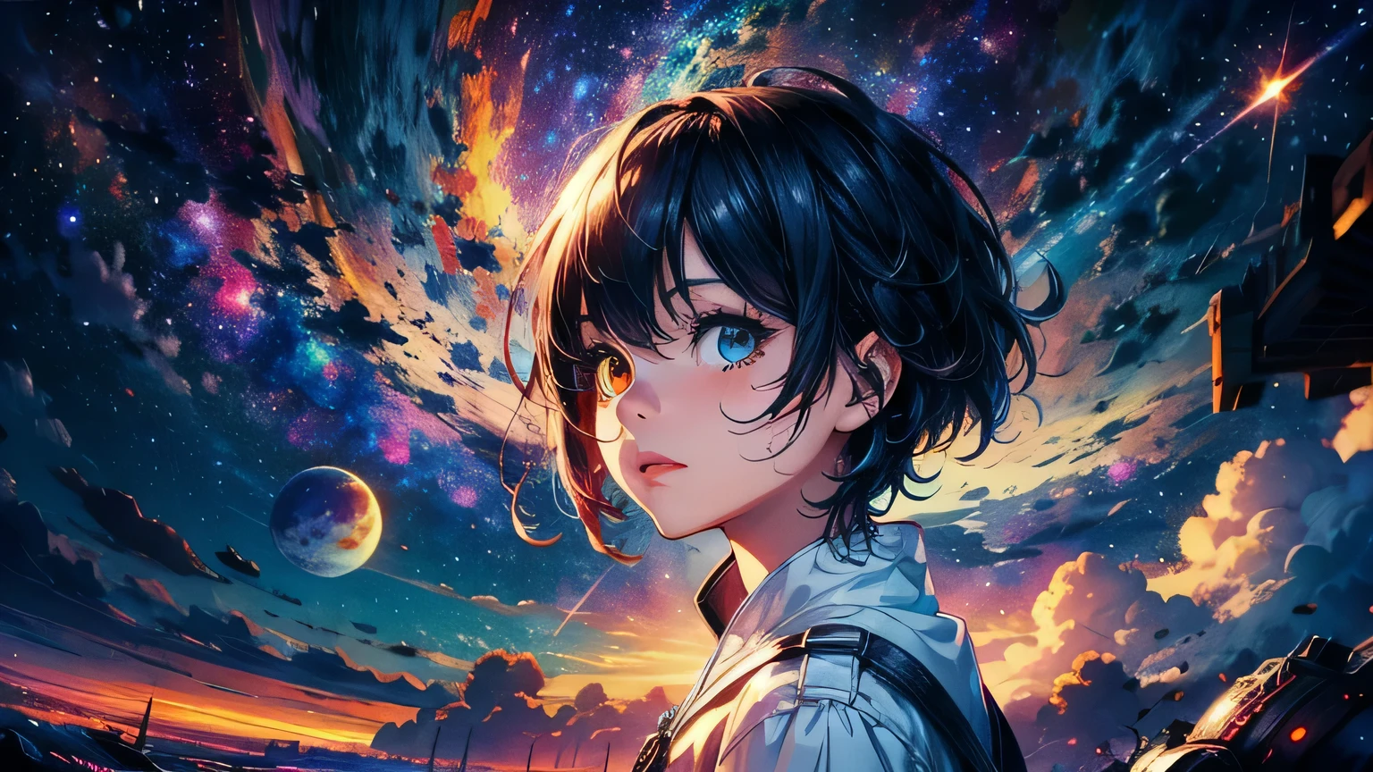 anime wallpapers of a girl (woman, heterochromia eyes，dark blue hair ,  Perfect female figure) looking at a view of the space and stars, cosmic spaces. by makoto shinkai, anime art wallpaper 4 k, anime art wallpaper 4k, anime art wallpaper 8 k, anime space, amazing wallpaper, anime wallpaper 4 k, anime wallpaper 4k, 4k anime wallpaper, makoto shinkai cyril rolando, anime background art