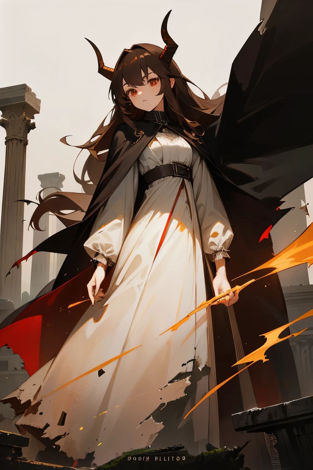 1 girl, 19 years old, tall, long brown hair, red eyes, black straight horns, white dress, black cape, old torn clothes, ancient ruin and 1 guy, brown hair, amber eyes, tall, old tattered clothes, black cape, ancient ruins