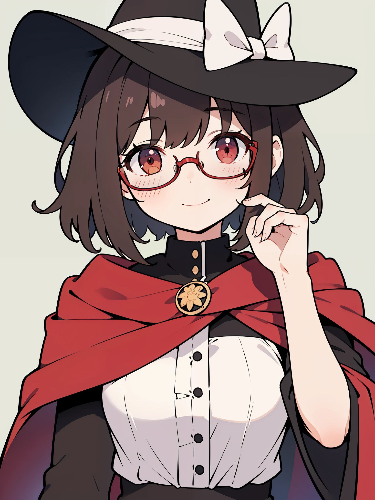 rating:safe, red-framed_eyewear, glasses, solo, 1girl, brown_hair, smile, usami_sumireko, red_eyes, looking_at_viewer, brown_eyes, under-rim_eyewear, green_background, semi-rimless_eyewear, blush, cape, short_hair, upper_body, shirt, no_headwear