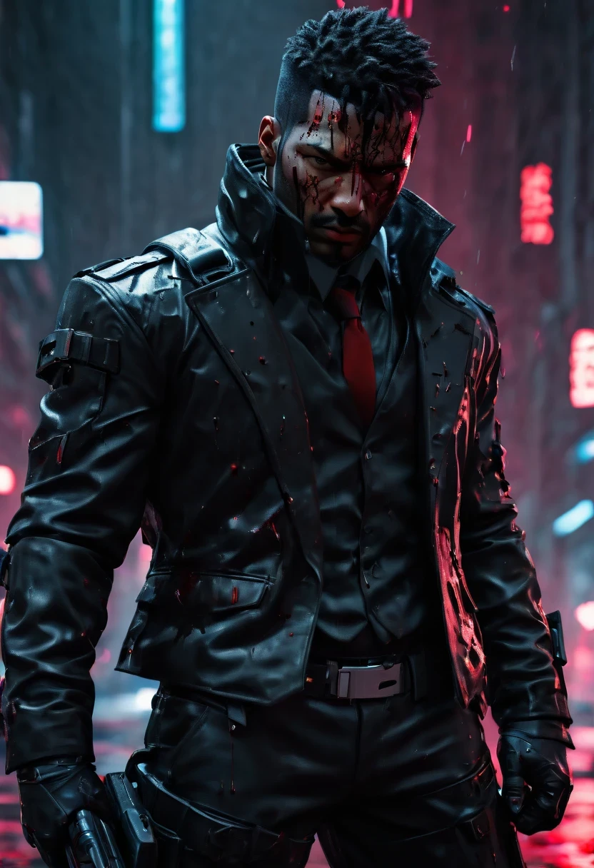 sh4g0d风格赛博朋克特工,black suit,(Strong dynamic stance:1.5),(struggle:1.3),(blood spatter),Strong,His face is very determined, 8k, super detailed, precise, best quality