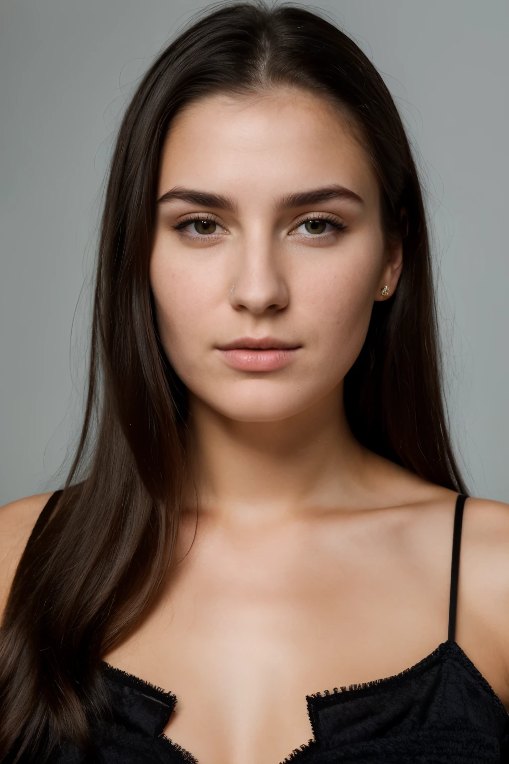 high quality, Face portrait photo 26 years old. European woman, in a black dress, serious face, detailed face, skin pores, Loose hair