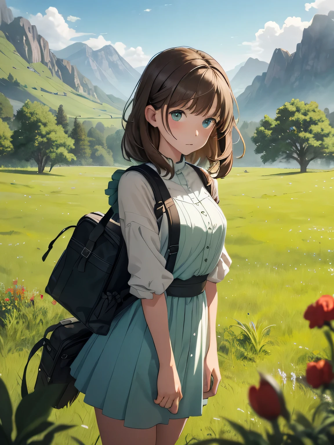 In a green meadow stands a girl with blue eyes and brown hair having a picnic.
RUPTURE Avec une expression courageuse, elle les guide vers leur destination.
POUR RUPTURE Derrière elle, a green forest'extends, and beyond that, les montagnes s'rise far away.
POUR RUPTURE L'effet le plus approprié pour cette scène serait une technique de peinture à l'aquarelle pour capturer la douceur de la prairie et la fluidité du mouvement..