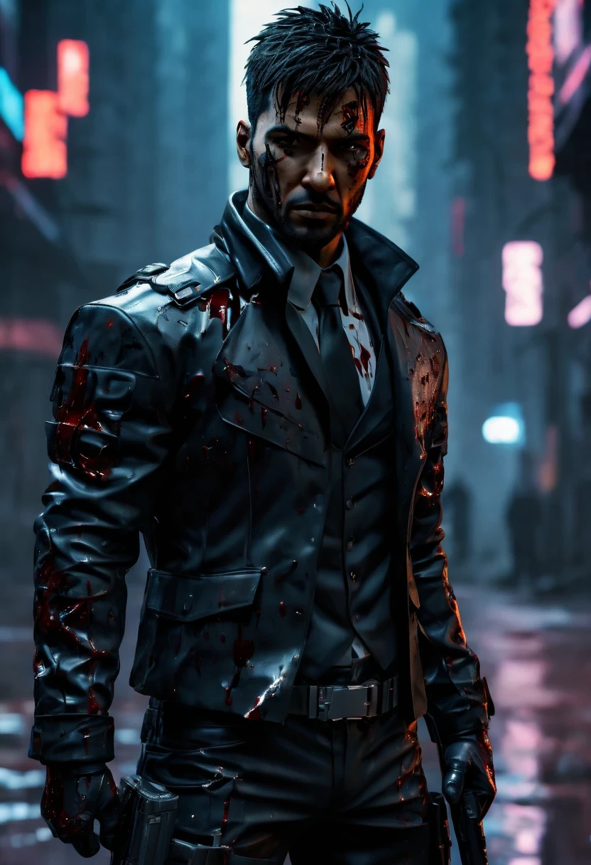 sh4g0d 风格cyberpunk特工,There is a sword on his back, wearing black suit, ，(Strong dynamic stance:1.5)，(struggle:1.3)，(blood spatter)，Strong，His face is very determined，rainy night，rainstorm，hazy atmosphere. An atmosphere full of mystery and intrigue. cyberpunk, 8k, super detailed, precise, best quality