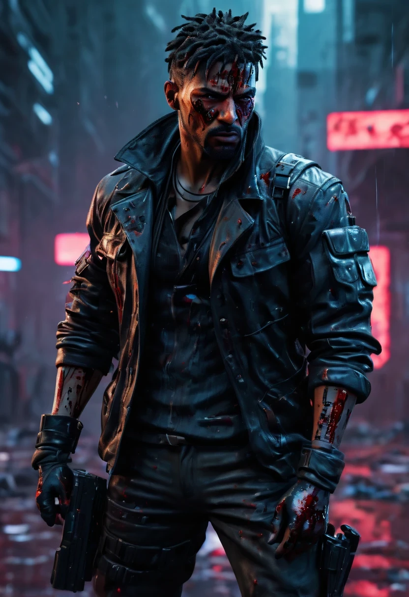 sh4g0d风格赛博朋克特工,(Strong dynamic stance:1.5),(struggle:1.3),(blood spatter),Strong,His face is very determined, 8k, super detailed, precise, best quality