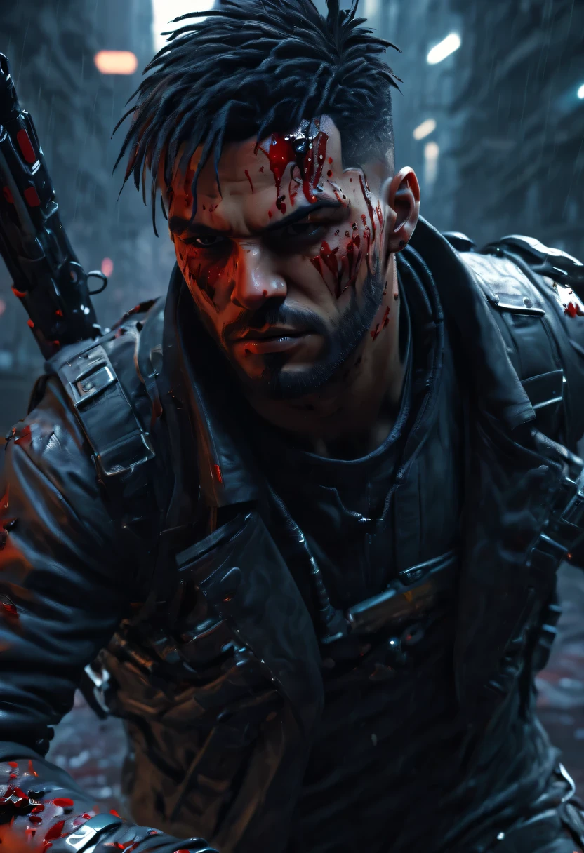 sh4g0d 风格cyberpunk特工,There is a sword on his back, wearing black suit, ，(Strong dynamic stance:1.5)，(struggle:1.3)，(blood spatter)，Strong，His face is very determined，rainy night，rainstorm，hazy atmosphere. An atmosphere full of mystery and intrigue. cyberpunk, 8k, super detailed, precise, best quality