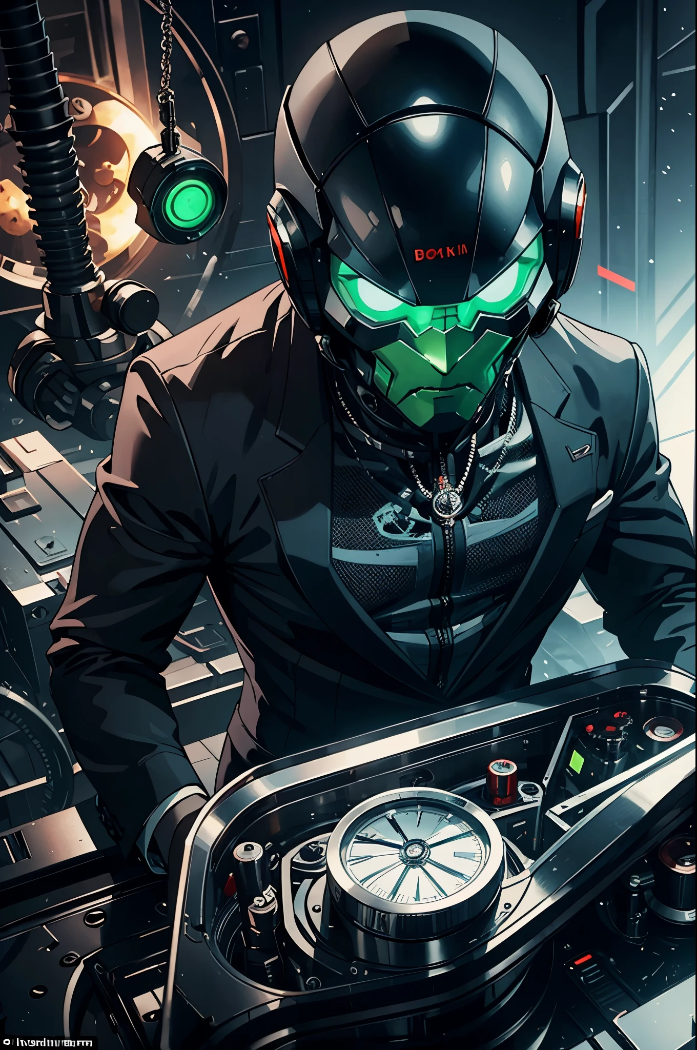 James Bond is actually a clock work robots with mechanical joints and seams, a little green alien sits in Bond's open skull operating the levers and dials to control Bond. Set in a fancy ball room