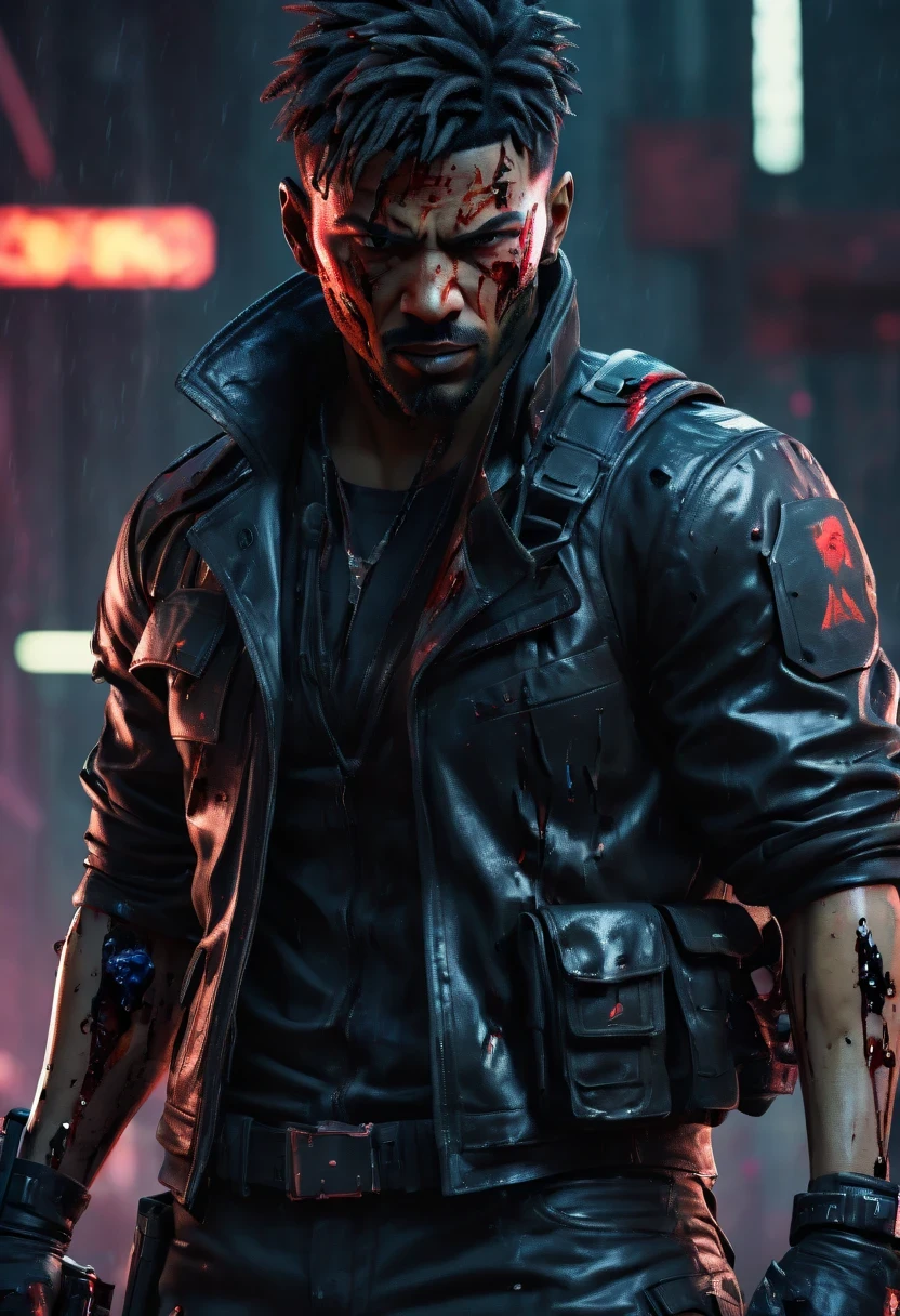 sh4g0d风格赛博朋克特工,(Strong dynamic stance:1.5),(struggle:1.3),(blood spatter),Strong,His face is very determined, 8k, super detailed, precise, best quality