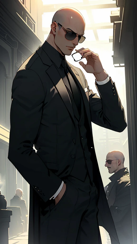 agent,bald, big and sexy，Wear an elegant black suit，Wearing black sunglasses，his lips tightly closed，Eyes are nervous. The situation is dangerous and serious. colored. hazy atmosphere. day lighting. An atmosphere full of mystery and intrigue. The soft sunshine brings people hope for a better future.