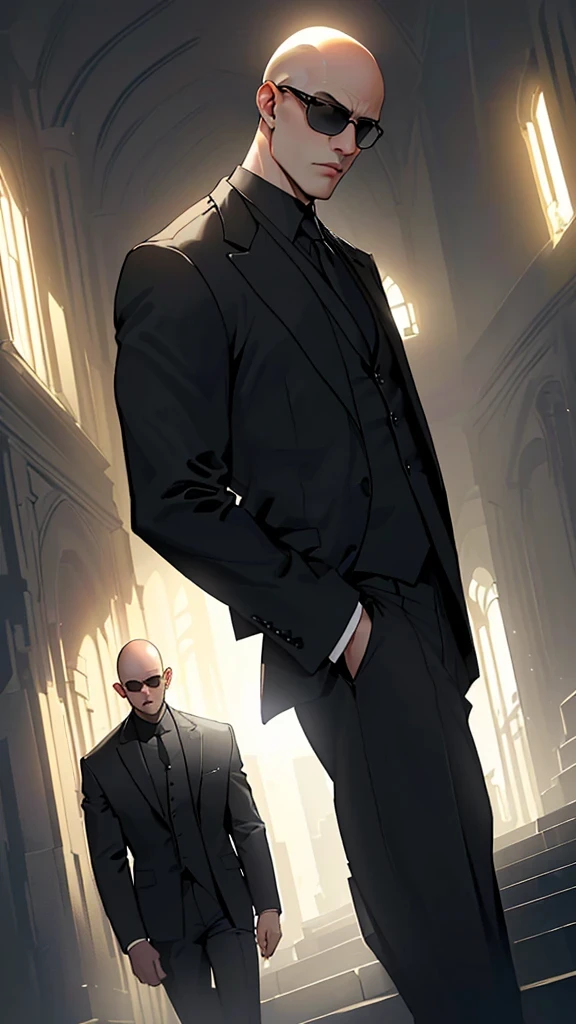 agent,bald, big and sexy，Wear an elegant black suit，Wearing black sunglasses，his lips tightly closed，Eyes are nervous. The situation is dangerous and serious. colored. hazy atmosphere. day lighting. An atmosphere full of mystery and intrigue. The soft sunshine brings people hope for a better future.