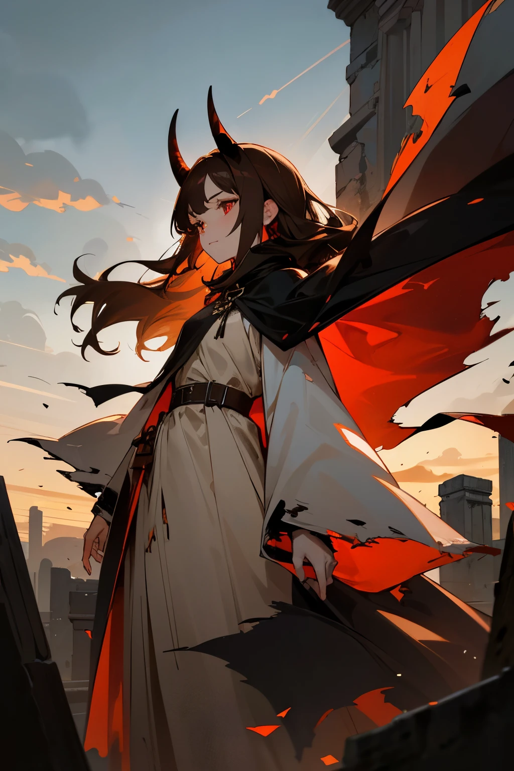 girl, 19 years old, tall, long brown hair, red eyes, black straight horns, white dress, black cape, old torn clothes, ancient ruin. guy, brown hair, amber eyes, tall, old tattered clothes, black cape, ancient ruins